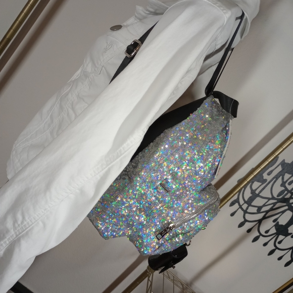 Madden Girl Multifaceted Sequin Backpack with Black Patent Leather key Chain - Picture 15 of 17